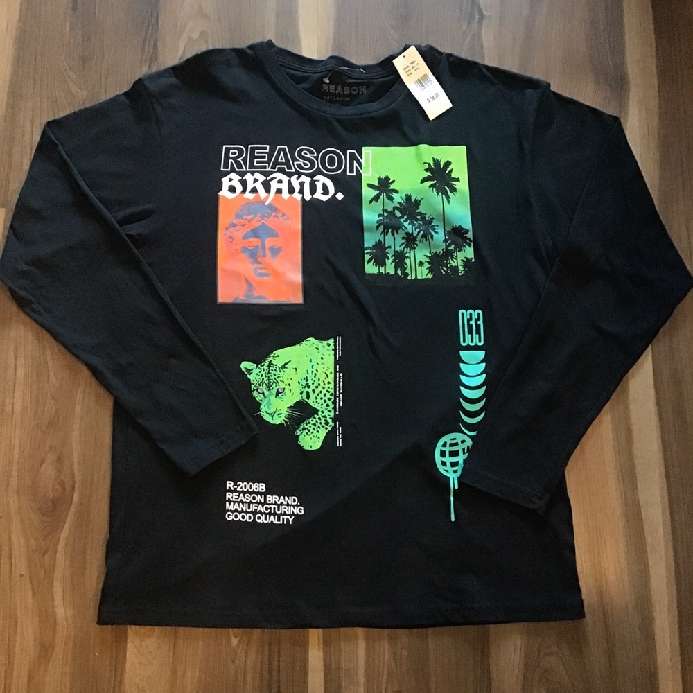 Reason Men’s Black T-shirt Long Sleeves Green Tiger/Palm Trees Red Greek…